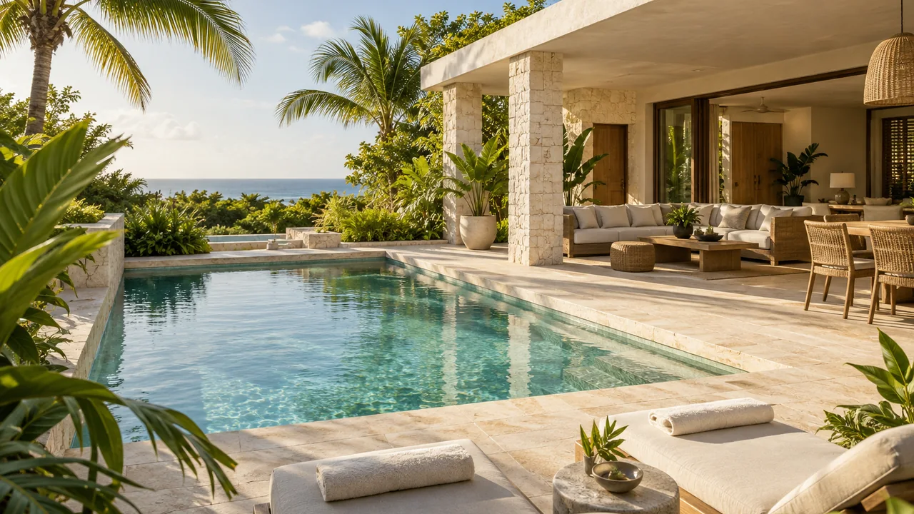 AI illustration of a contemporary Caribbean villa and pool