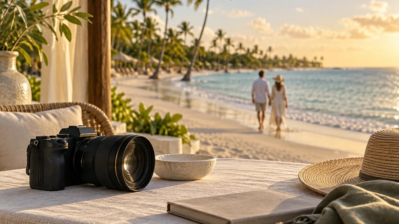 AI illustration of a professional camera with a beach scene beyond