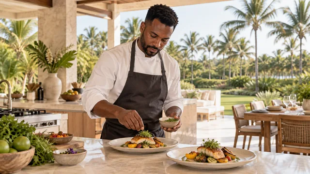 AI illustration of a chef preparing a private villa dinner