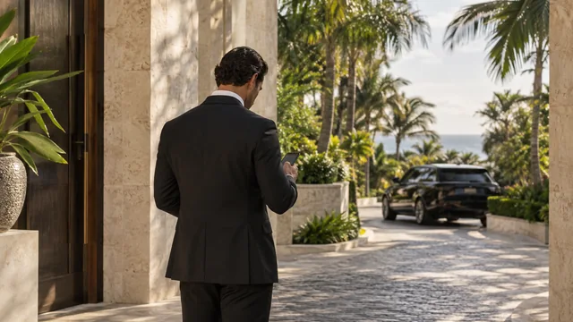 AI illustration of a discreet professional near a villa entrance