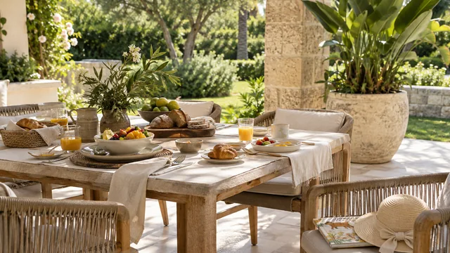 AI illustration of a family breakfast terrace at a villa