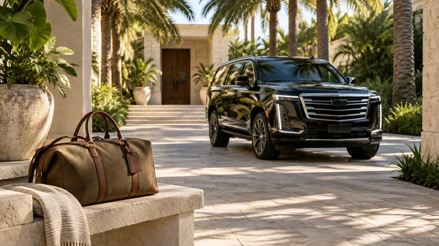 AI illustration of an executive SUV on a palm-lined driveway