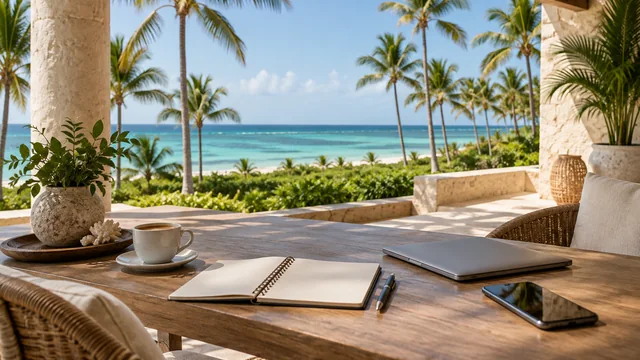 AI illustration of a travel planning desk on a shaded veranda