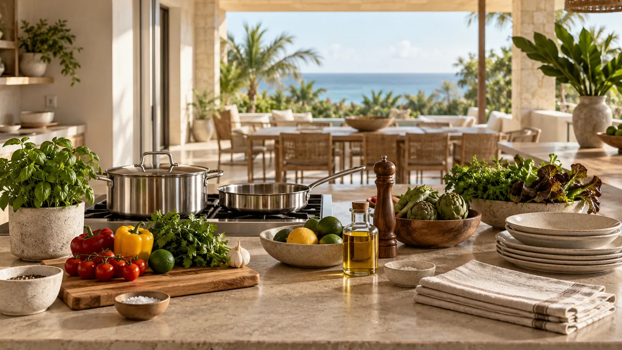 AI illustration of a clean villa kitchen ready for a private dinner