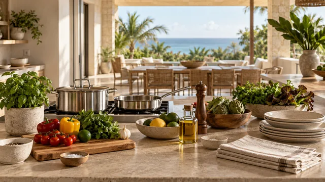 AI illustration of a clean villa kitchen ready for a private dinner