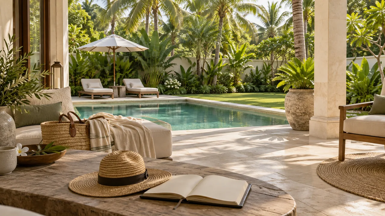 AI illustration of a travel notebook on a villa veranda