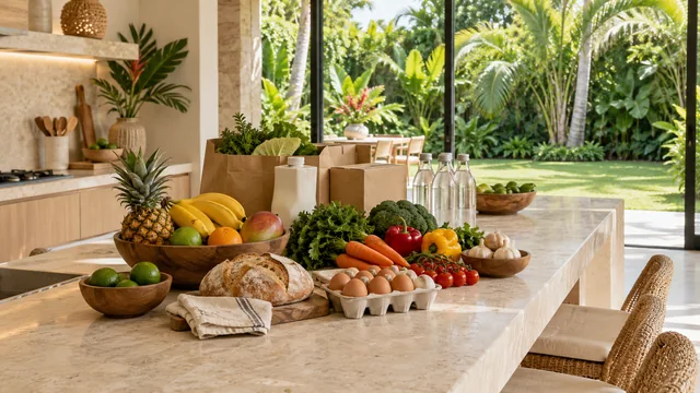 AI illustration of groceries arranged in a villa kitchen