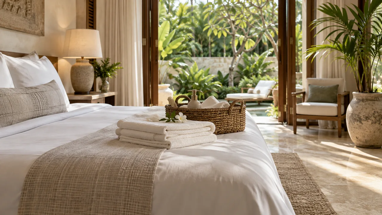 AI illustration of fresh linens and a carefully prepared villa bedroom