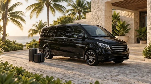 AI illustration of an executive van ready on a tropical villa driveway