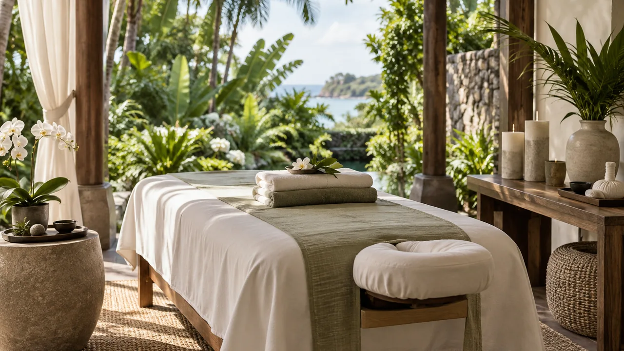 AI illustration of a massage table on a quiet tropical terrace